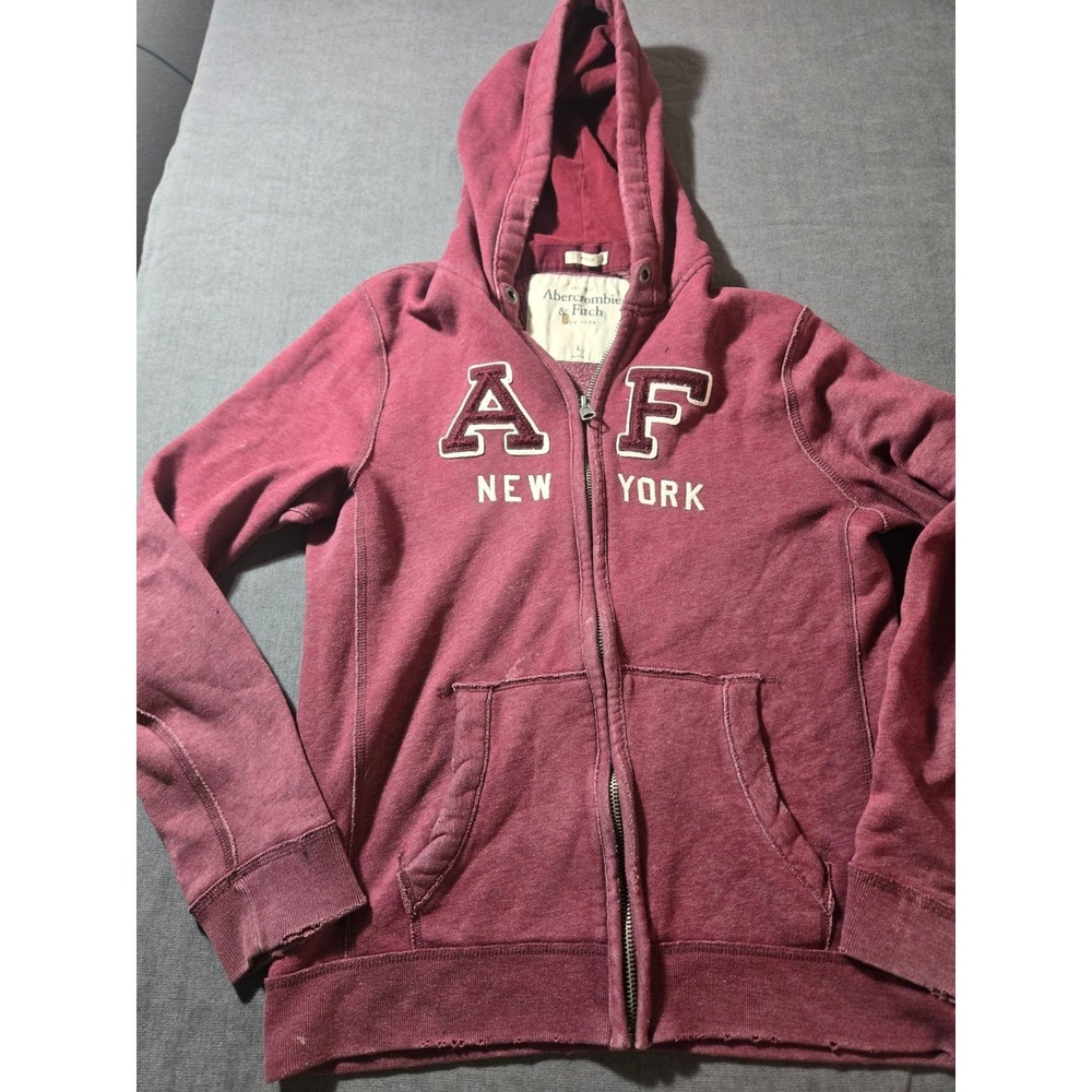 Abercrombie & Fitch Hoodie Mens L Burgundy Muscle Full Zip AF New York Chenille